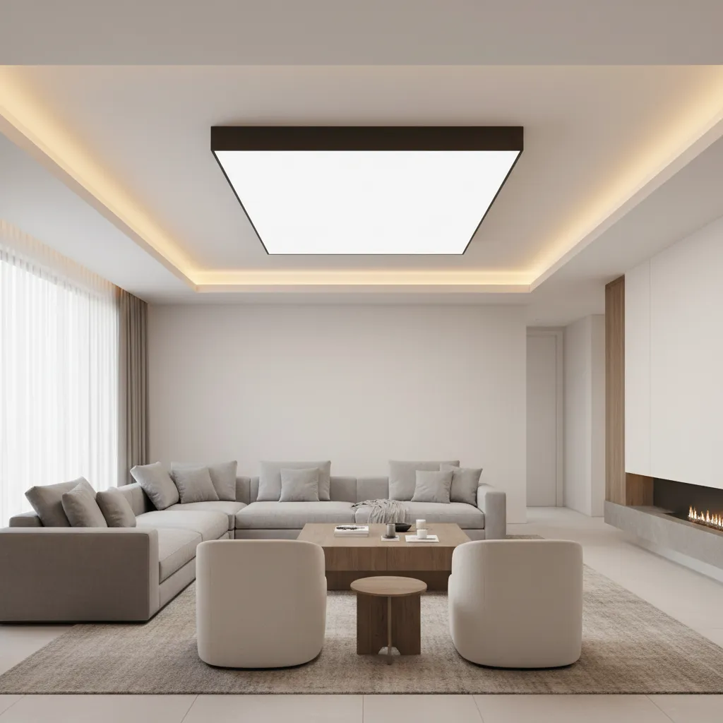 Modern living room with large sofa two armchairs fireplace and floating rectangle ceiling light panel