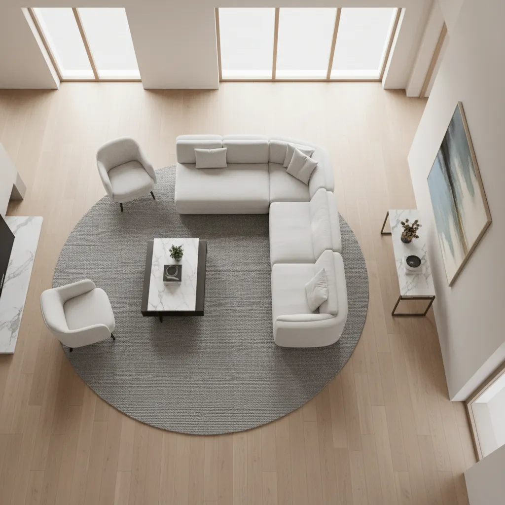 Living room layout diagram showing floating seating zone and walking paths