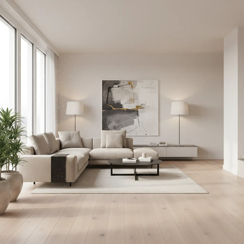 Floating sectional sofa defining living room zone in open apartment