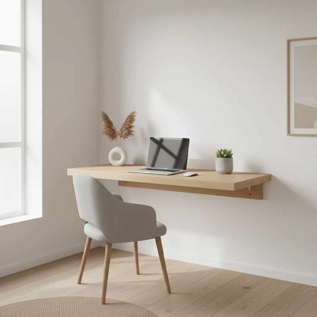 minimal floating shelf computer desk mounted on wall