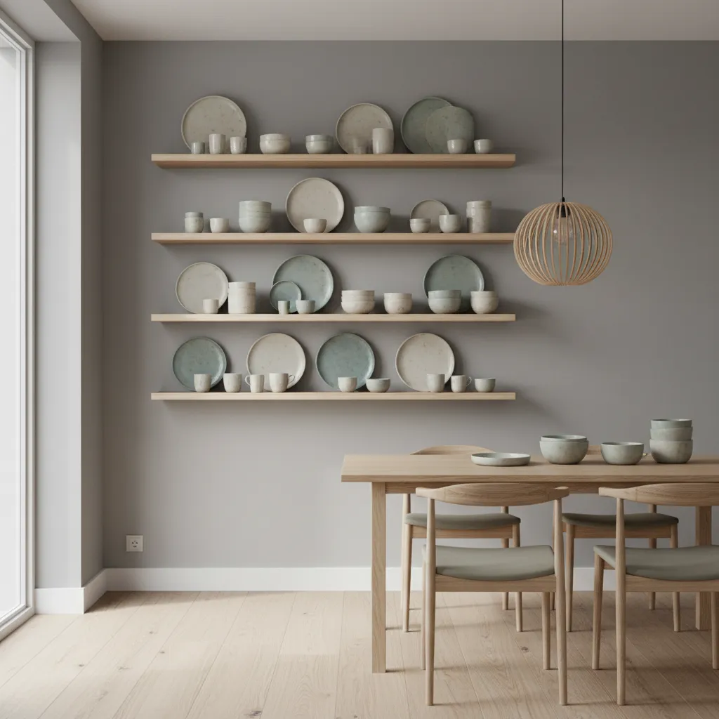 Minimalist dining room floating shelves with plates and bowls