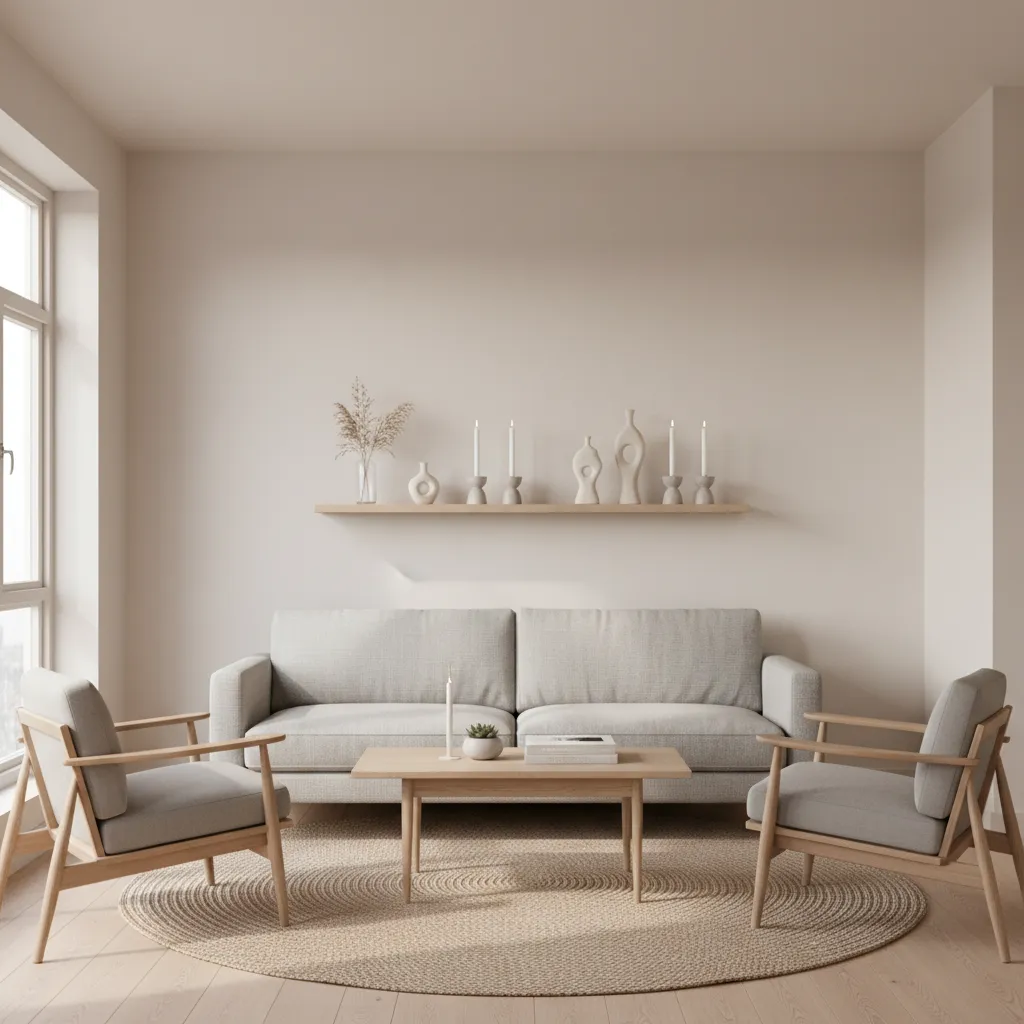 Minimalist living room with grey sofa two wooden chairs round rug and wooden floating shelf