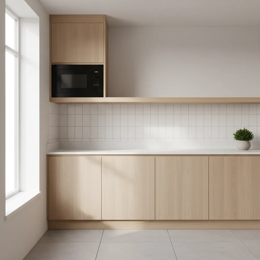 Microwave placed on a wall mounted shelf freeing up kitchen counter space