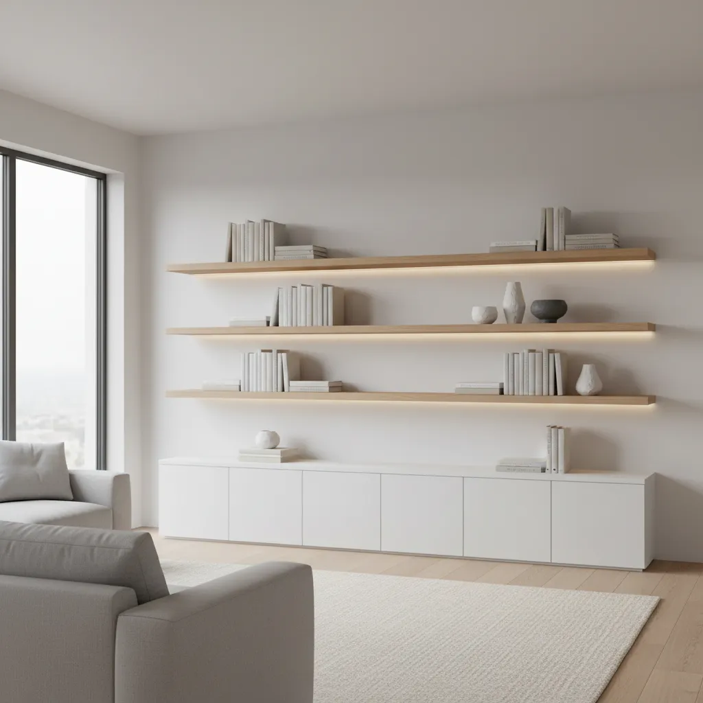 Minimalist wall unit with floating shelves and hidden cabinets