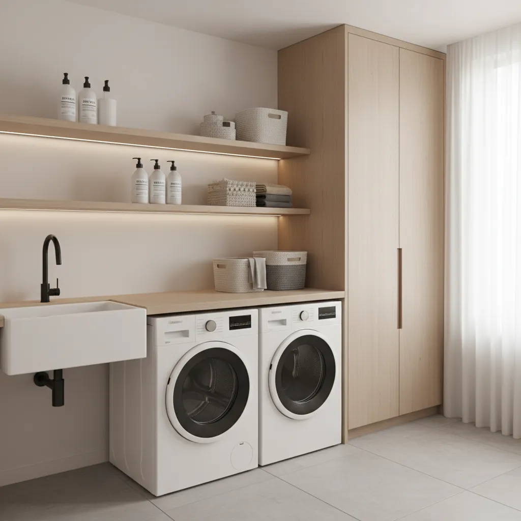 Floating shelves installed above washer and dryer showing ideal storage layout