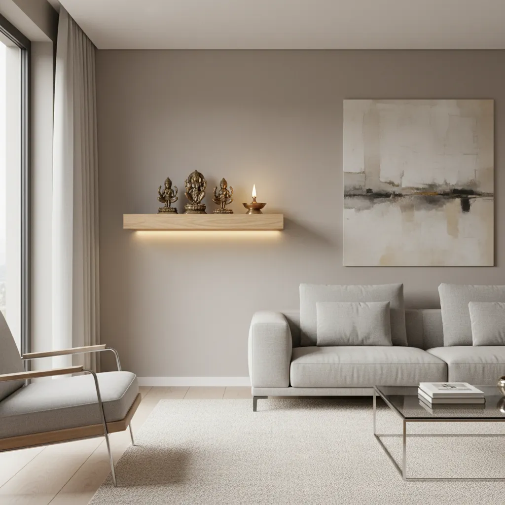 minimal floating shelf pooja design in living room
