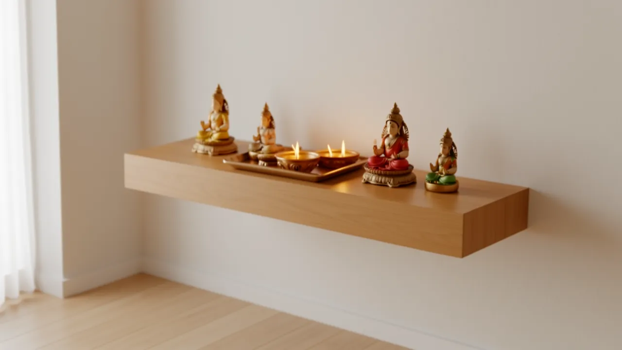 Minimal floating shelf pooja setup with small idols and diya