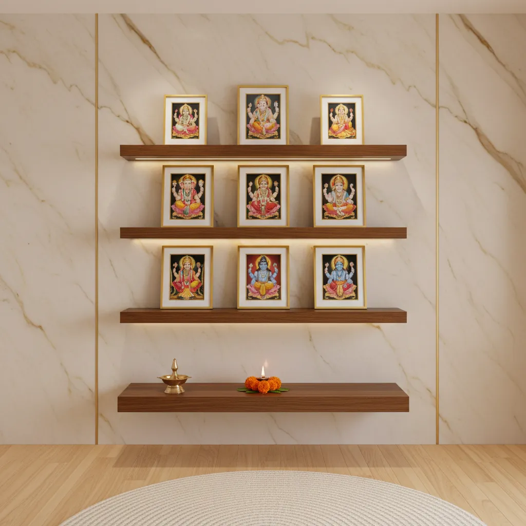 Floating shelves displaying framed god photos in a compact shrine