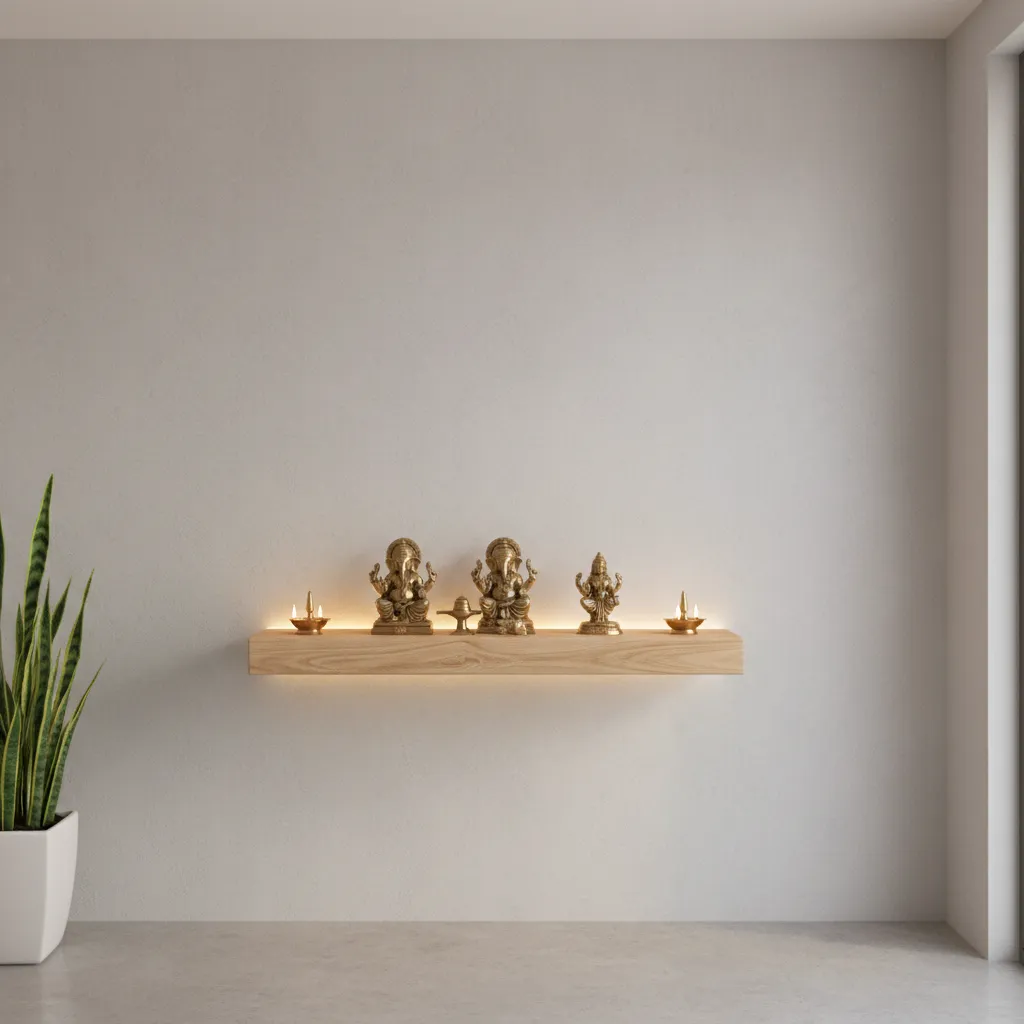 minimal floating shelf wooden pooja mandir with idols