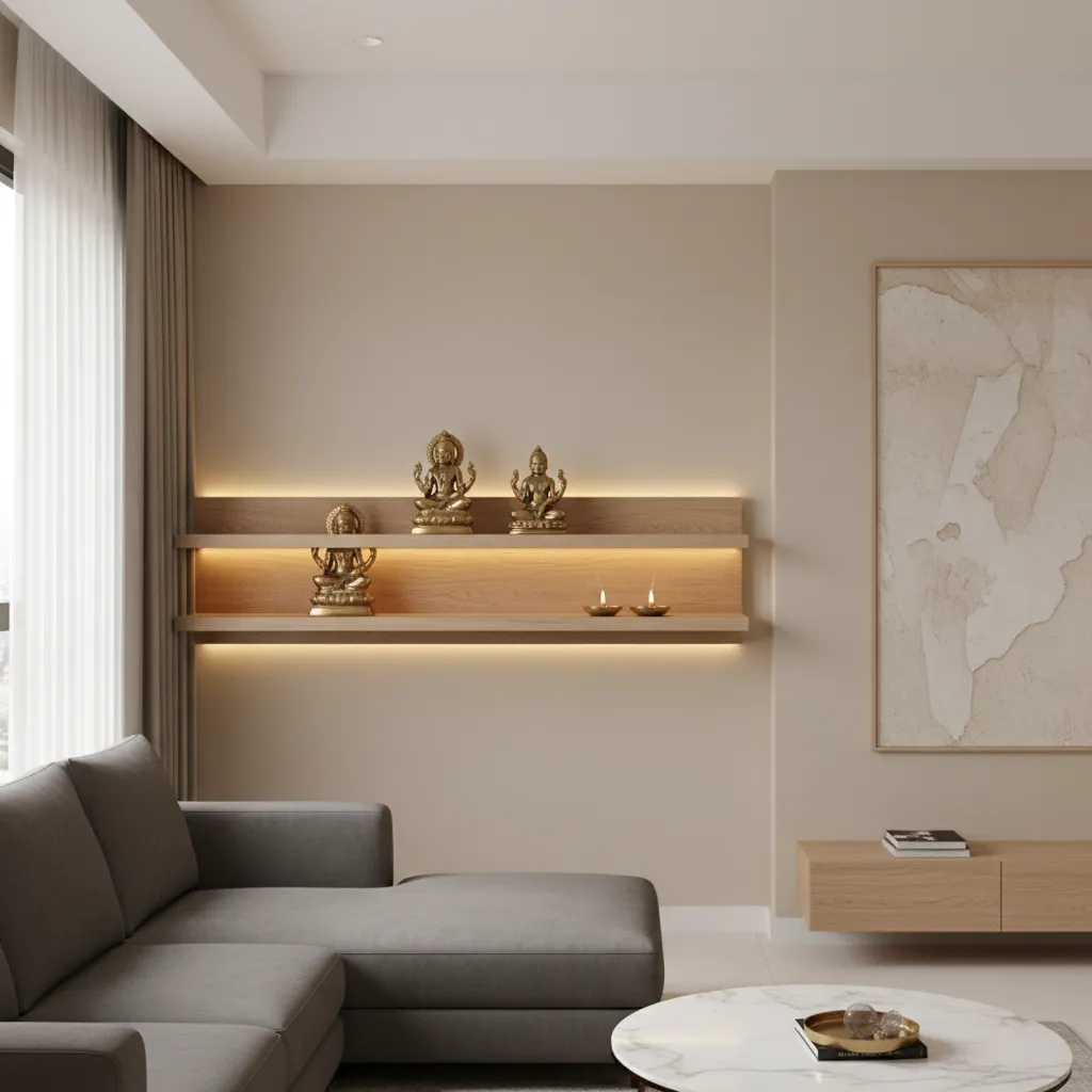 minimal floating shelf wall pooja mandir in modern apartment