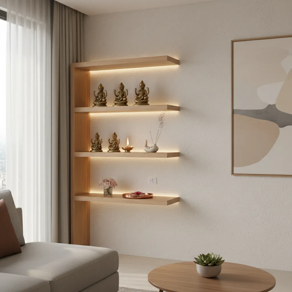 Floating shelf pooja setup with idols and warm lighting