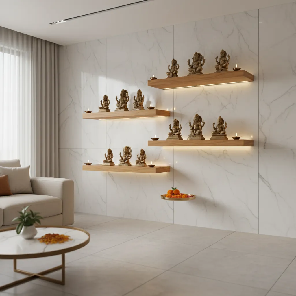 Floating wooden shelves used for a modern pooja wall design