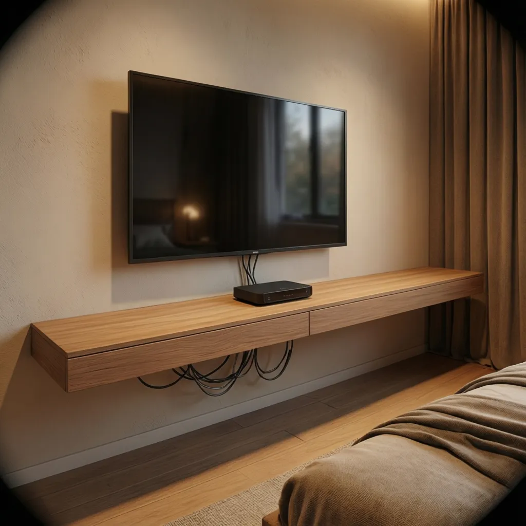 floating shelf under TV hiding streaming devices and cables in bedroom