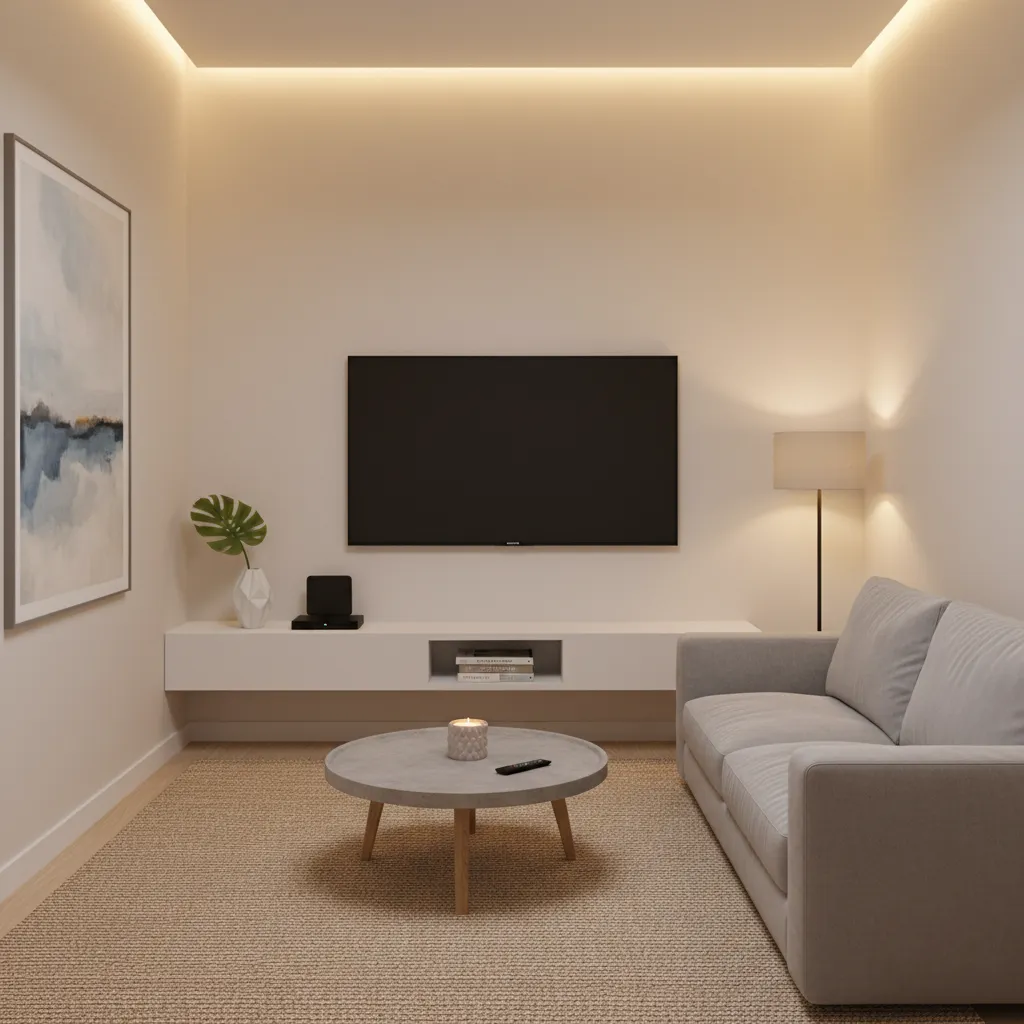 Wall mounted TV with floating shelf and clean cable management