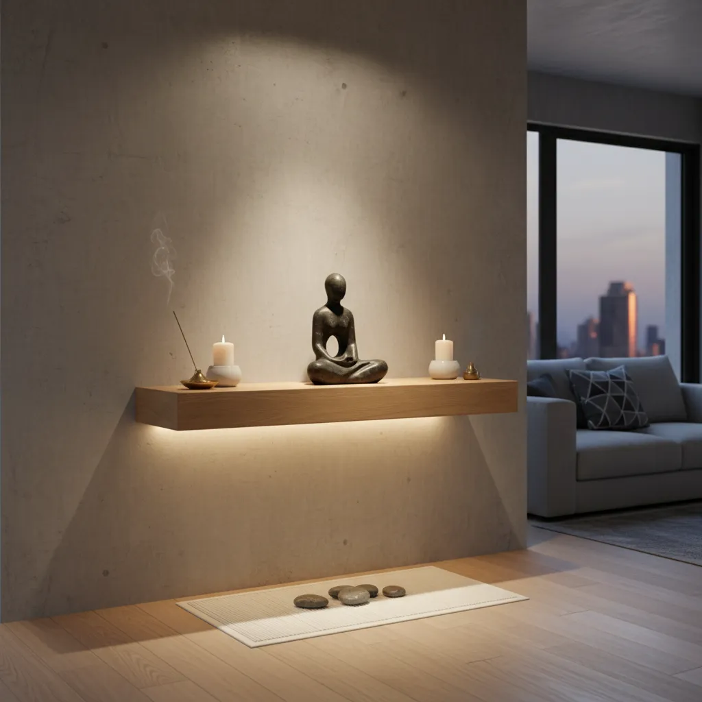 floating shelf wall altar with small statue candles and warm lighting