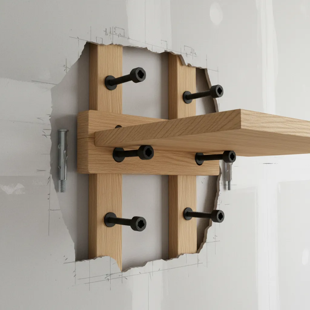 floating shelf installation showing wall studs and mounting brackets