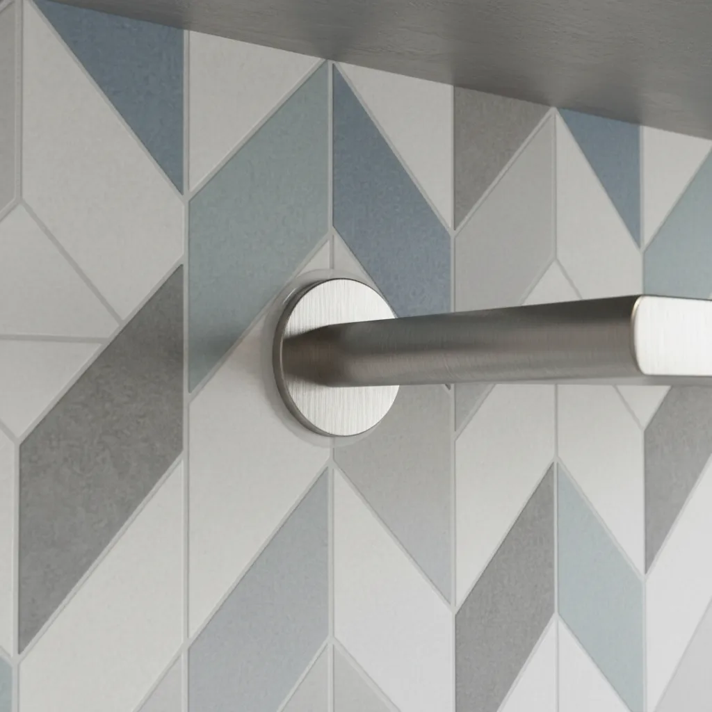 close up of floating shelf bracket installation through tile backsplash with sealing