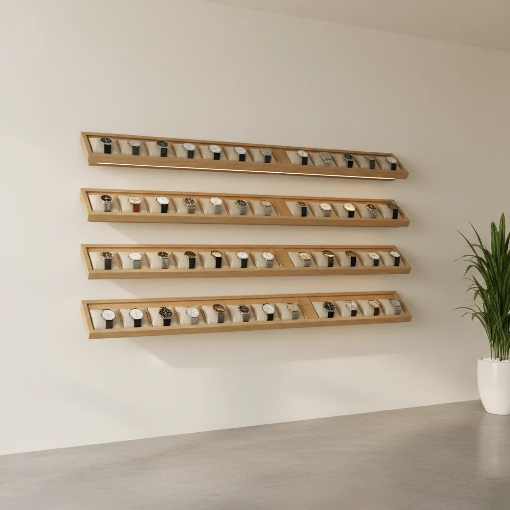 narrow floating shelves displaying watches on a wall
