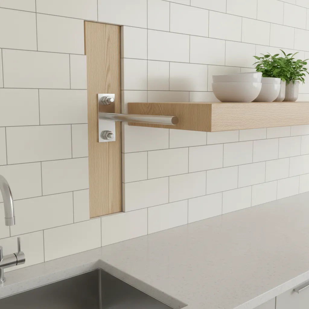 illustration style render showing floating shelf brackets anchored into wall studs behind tile backsplash