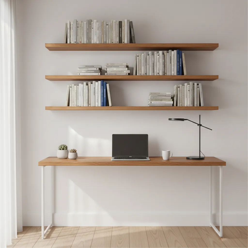 Floating shelves above a desk holding books in a small workspace