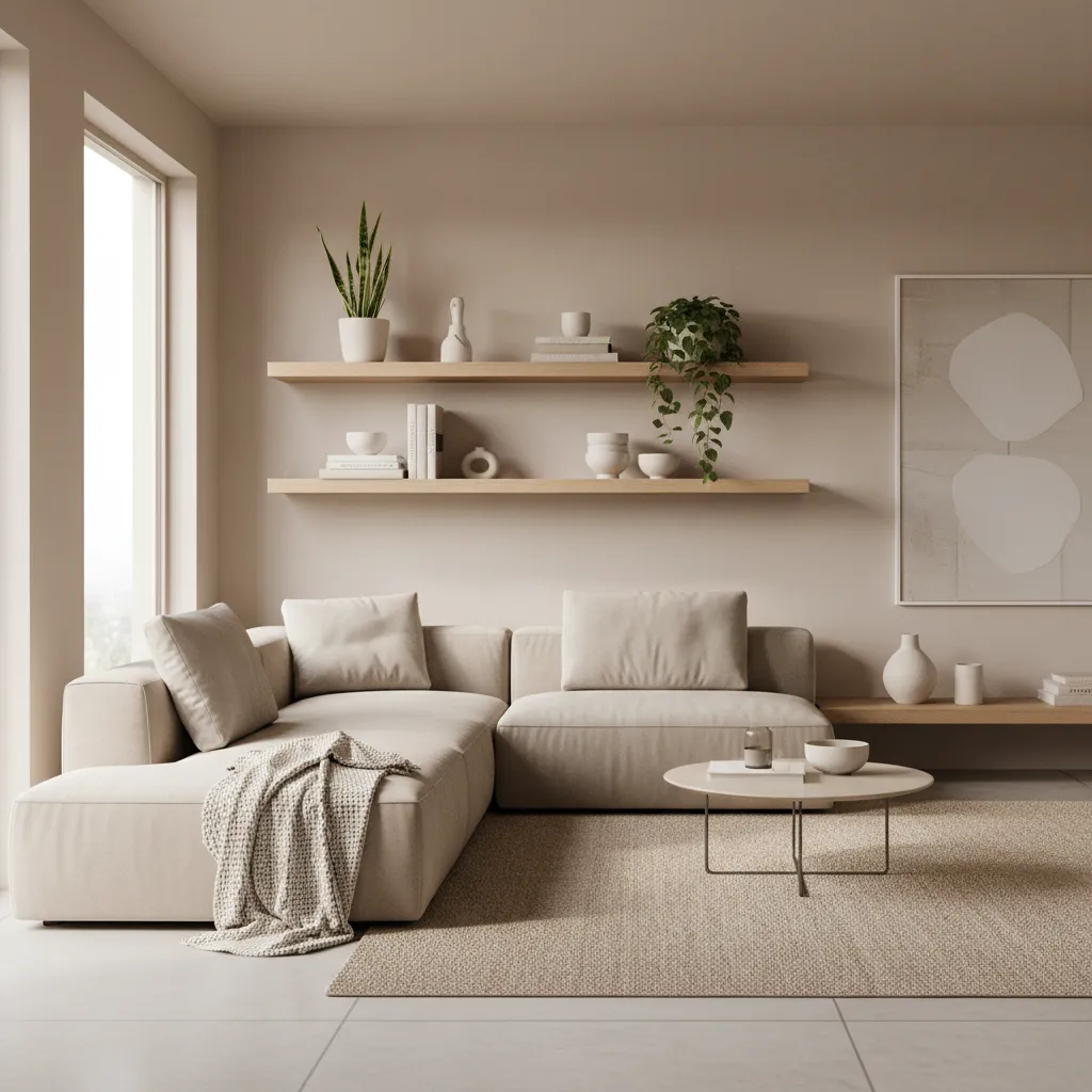 Floating shelves aligned above a sofa in a modern living room