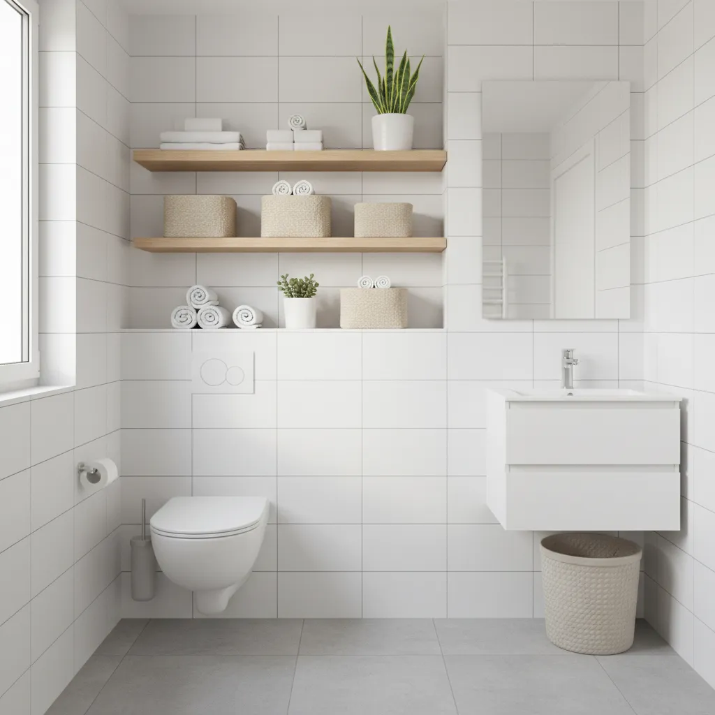 floating wooden shelves above a toilet in a small bathroom
