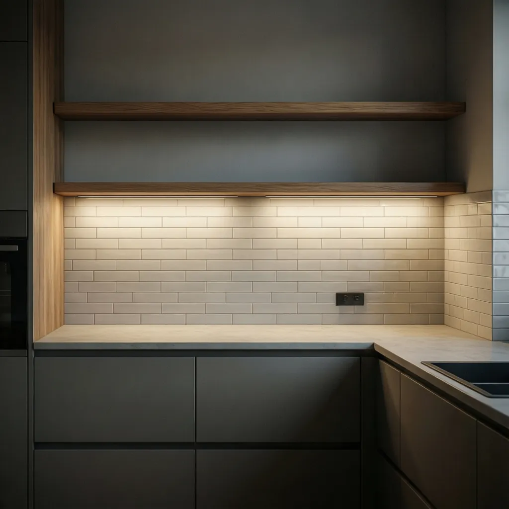 modern kitchen with floating shelves installed above a tiled backsplash