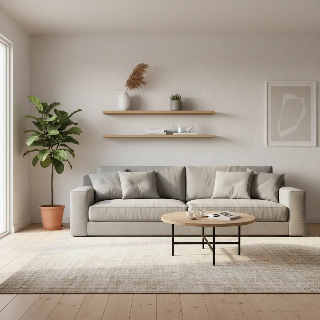 Minimalist living room with grey sofa and wooden floating shelves on wall with coffee table