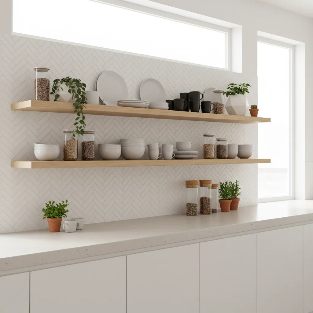 Kitchen counter wall with long floating shelves holding dishes and plants