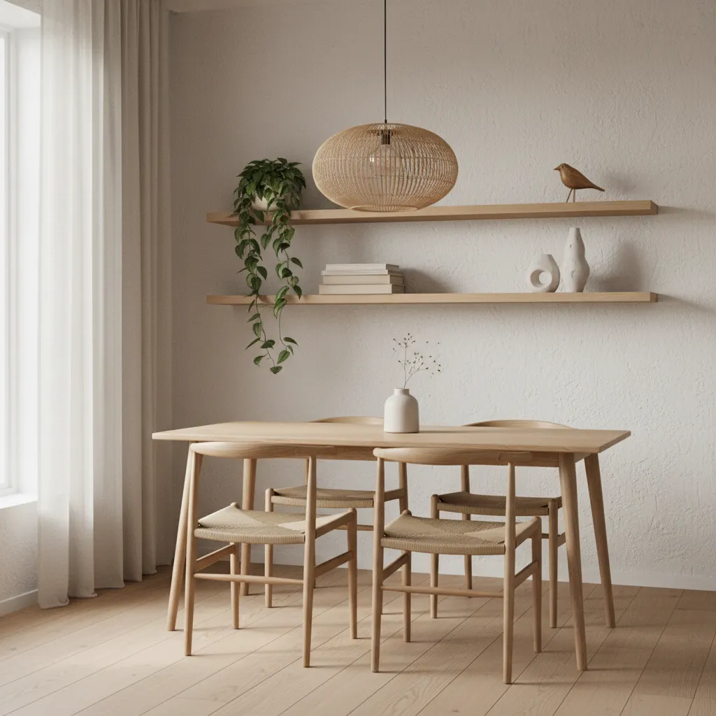 floating shelves styled above dining table in small dining area