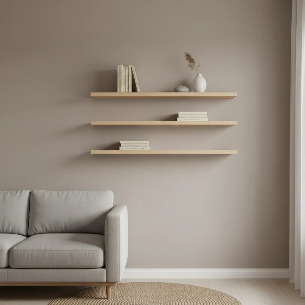 Minimal floating shelf wall structure in small living hall