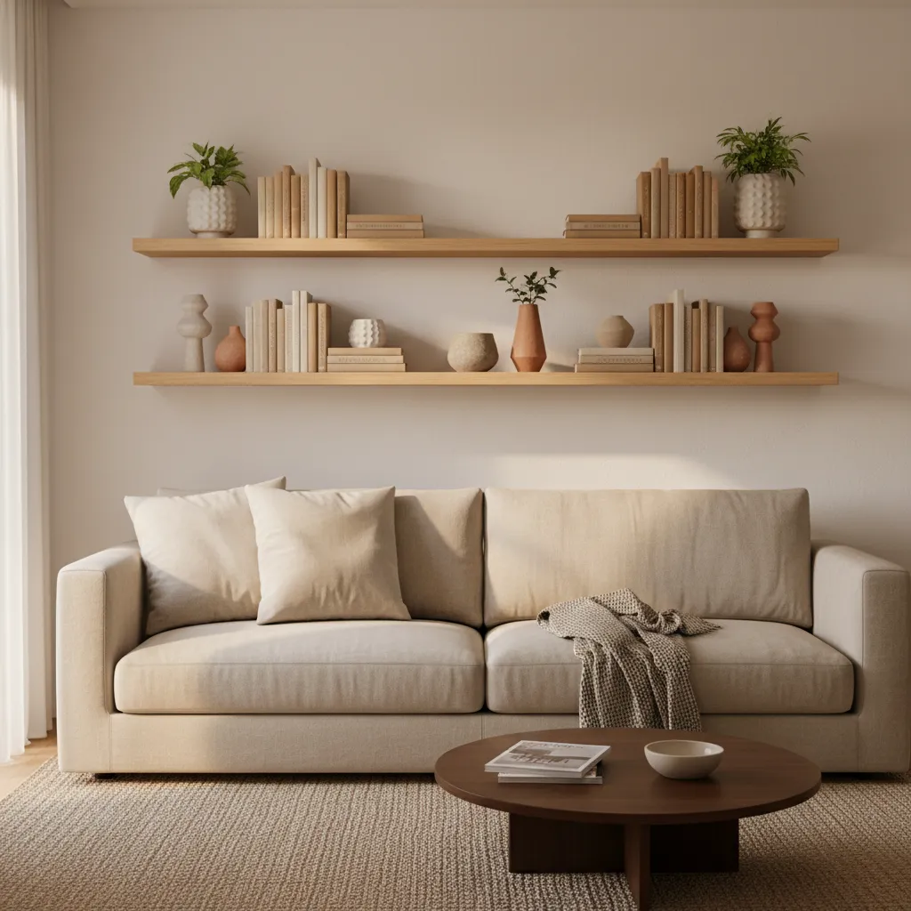 floating wooden shelves styled above a sofa in a modern living room