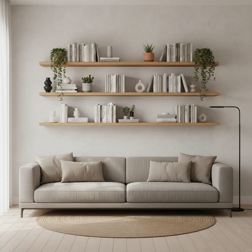 Living room wall with floating shelves styled with books plants and decor