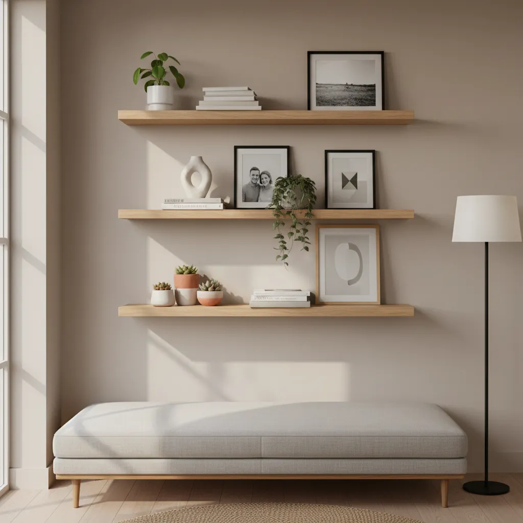 Living room wall with wooden floating shelves styled with books plants and small decor