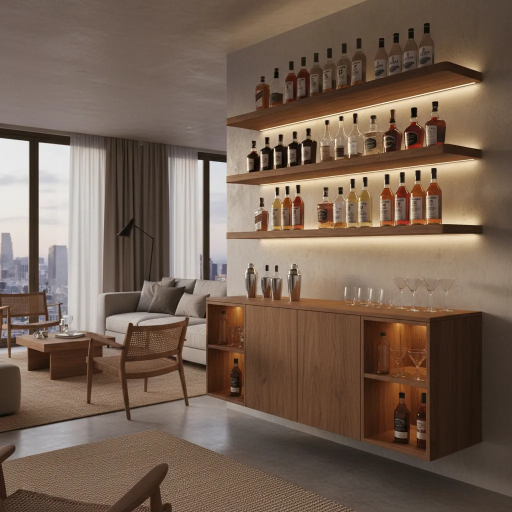 Floating shelves above a small home bar storing bottles and glasses