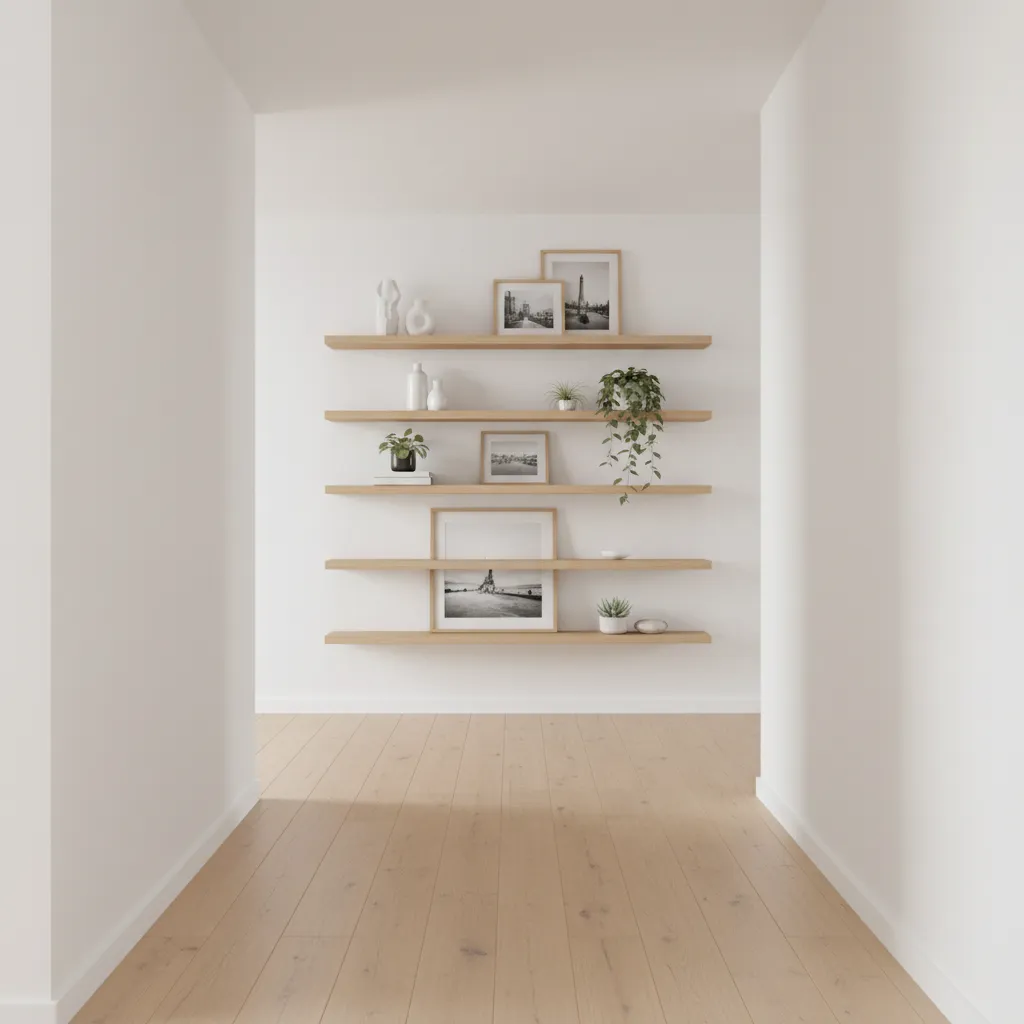 floating shelves installed in a narrow hallway with minimalist decor