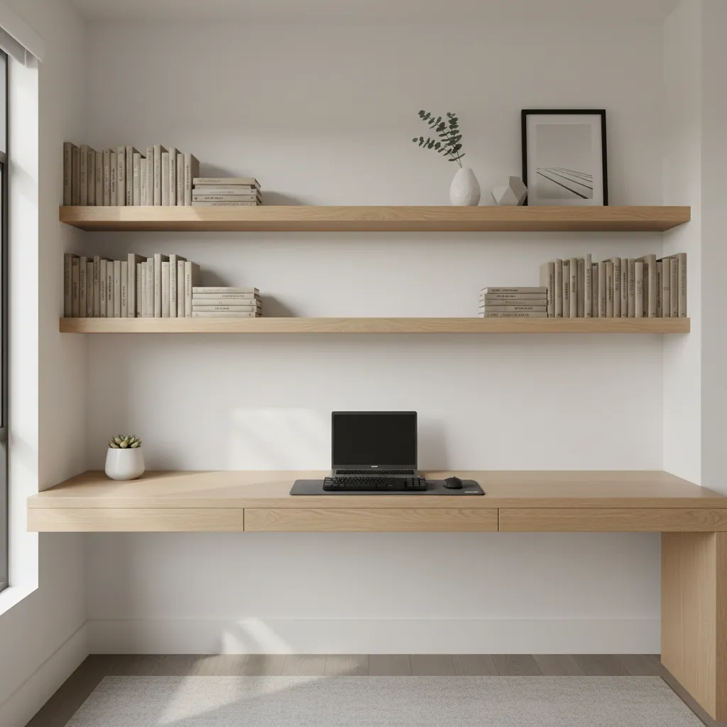 Office wall with floating shelves and organized decor