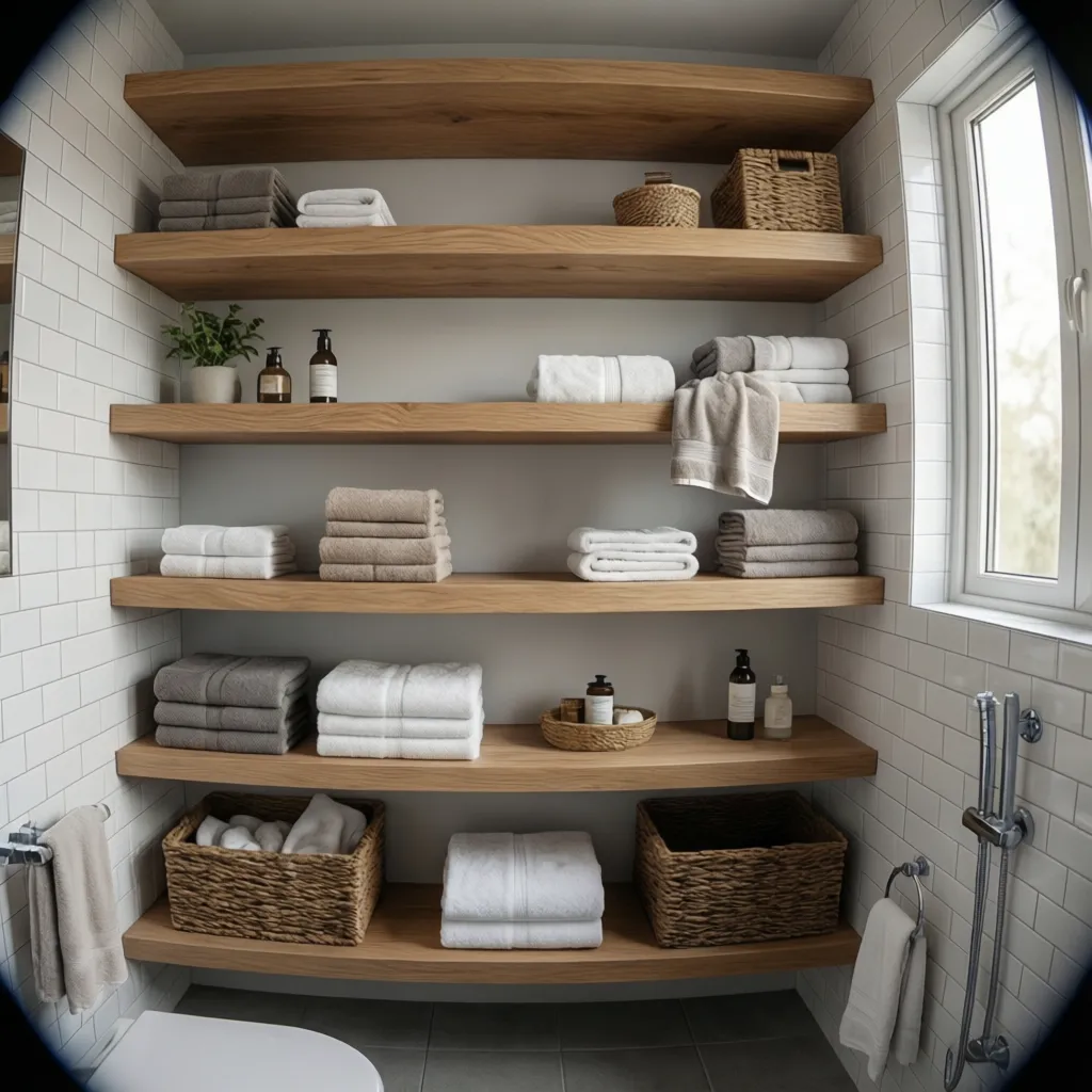 Floating shelves in a small bathroom holding towels and baskets