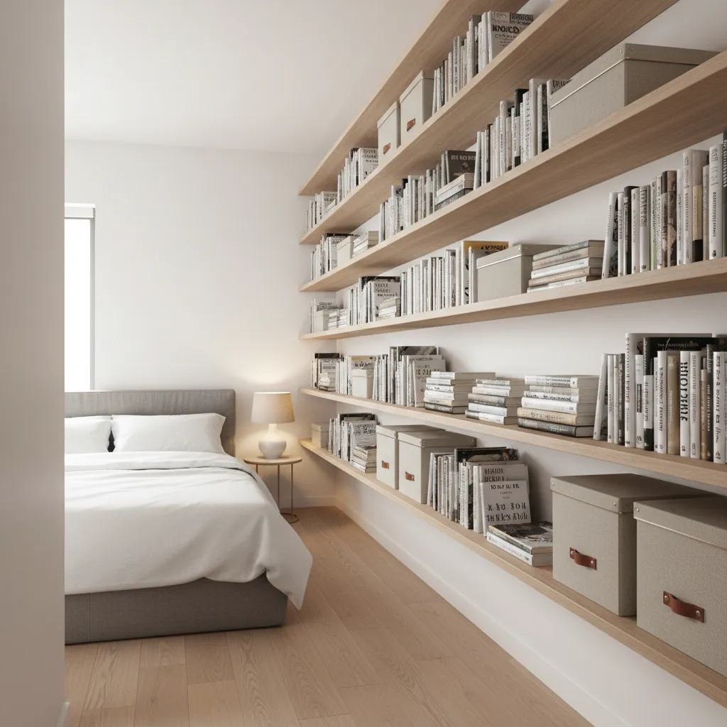 Floating shelves installed along wall in compact bedroom layout
