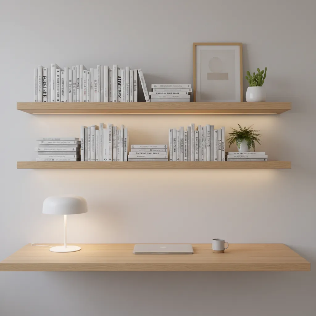 Floating shelves above study desk with books and minimal decor