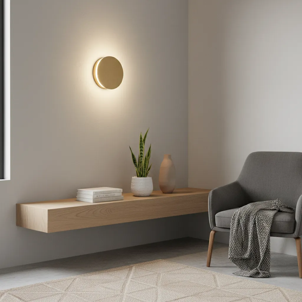 floating shelf styled with decor under a wall sconce in a bedroom