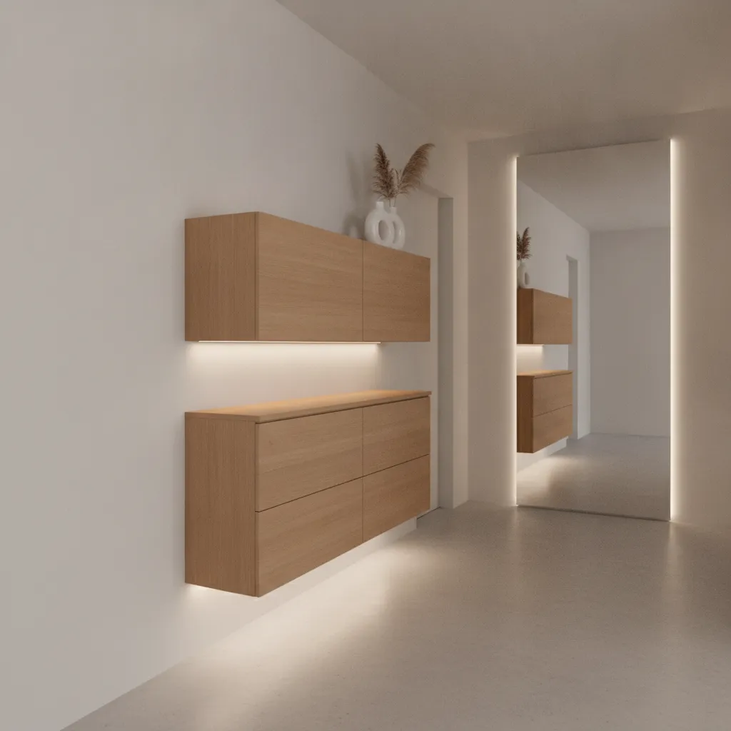 floating shoe cabinet in a small apartment hallway
