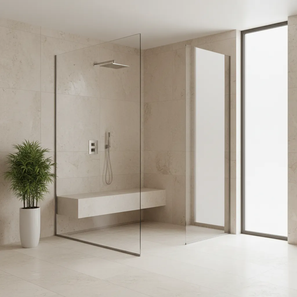 Modern floating shower bench in small bathroom
