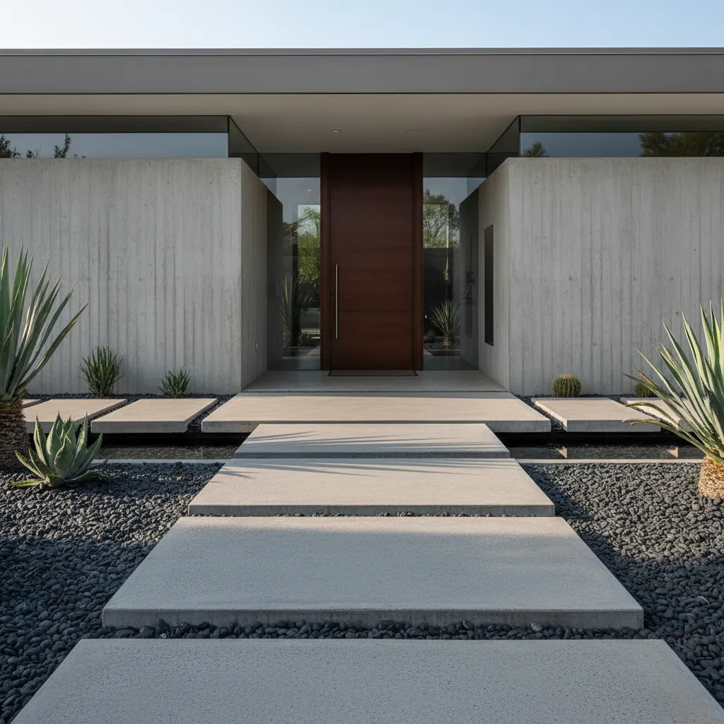 Banqueta con losas flotantes de concreto sobre grava negra en una casa moderna