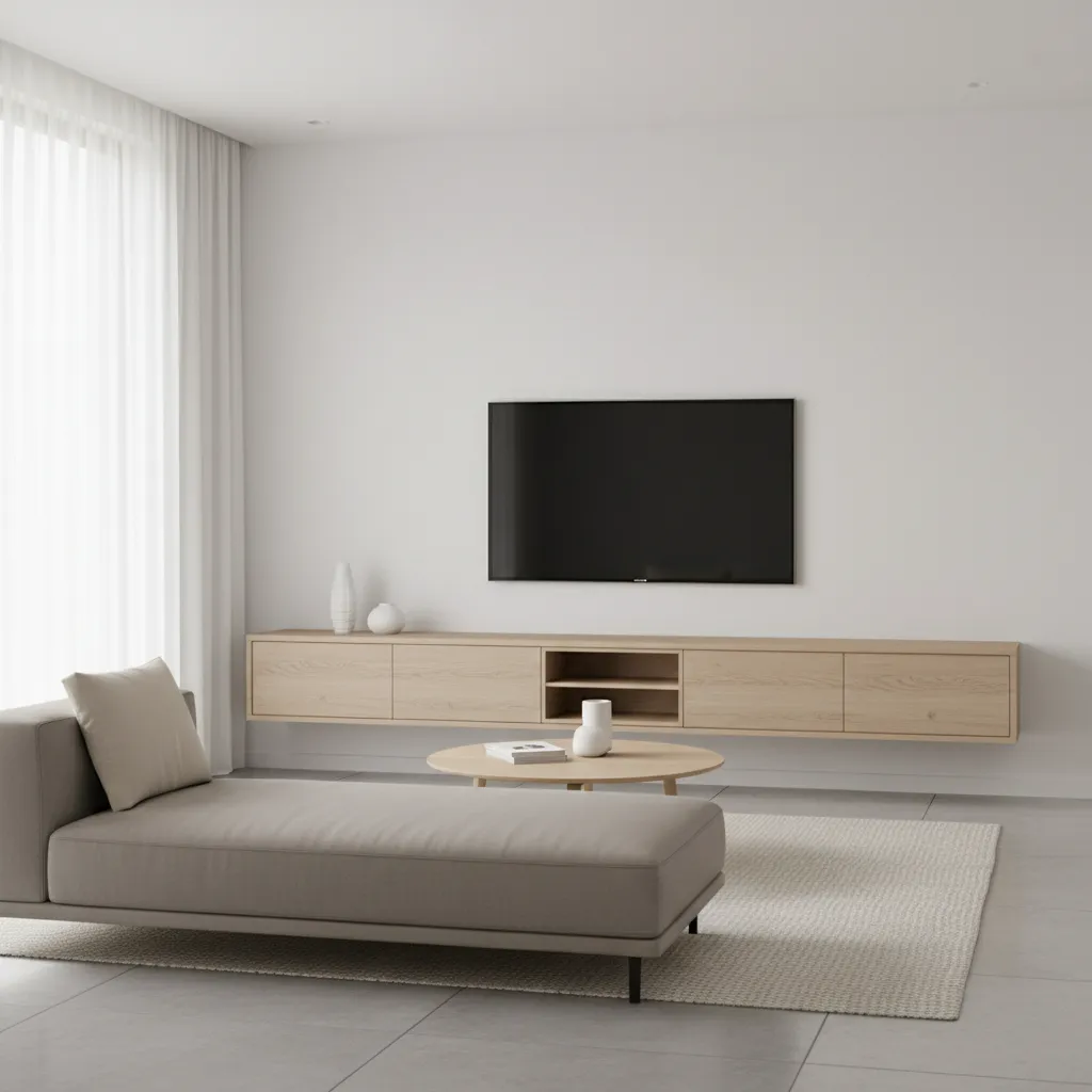 Minimalist living room featuring a long wood floating cabinet below a television with beige sofa