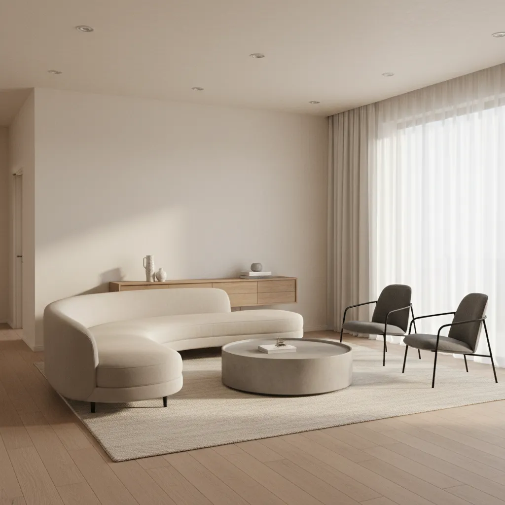 15x15 living room with floating sofa layout and central seating zone