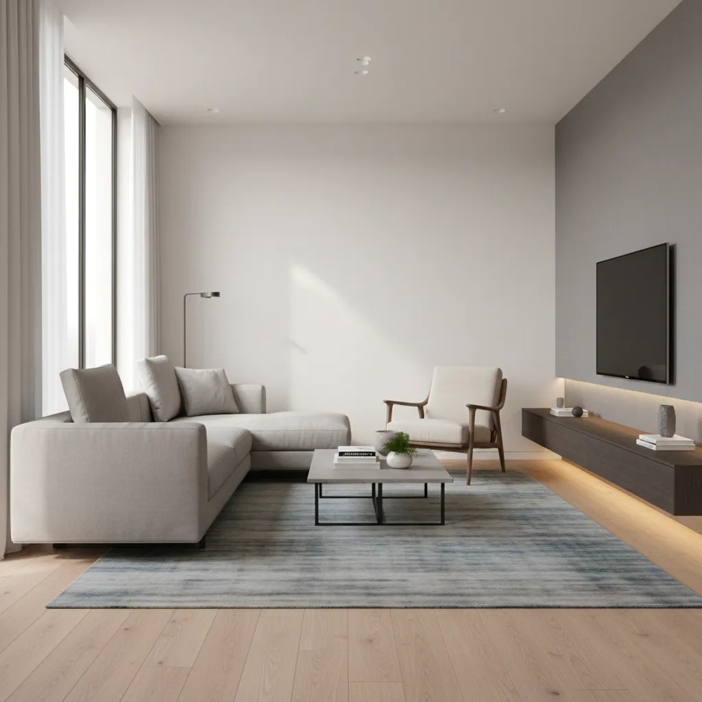 Floating sofa layout in a narrow living room with central seating area