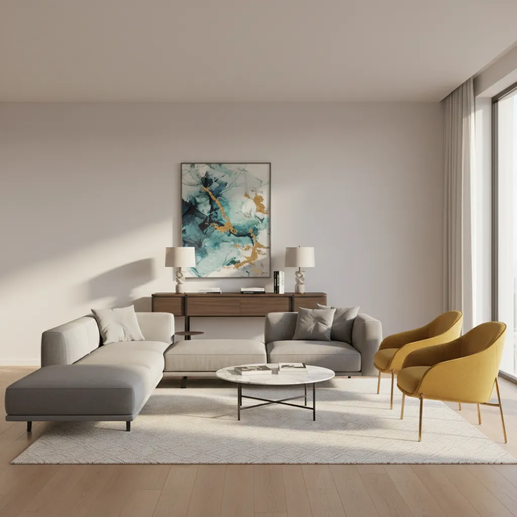 Rectangular living room with sofa floating off the wall and rug defining seating area