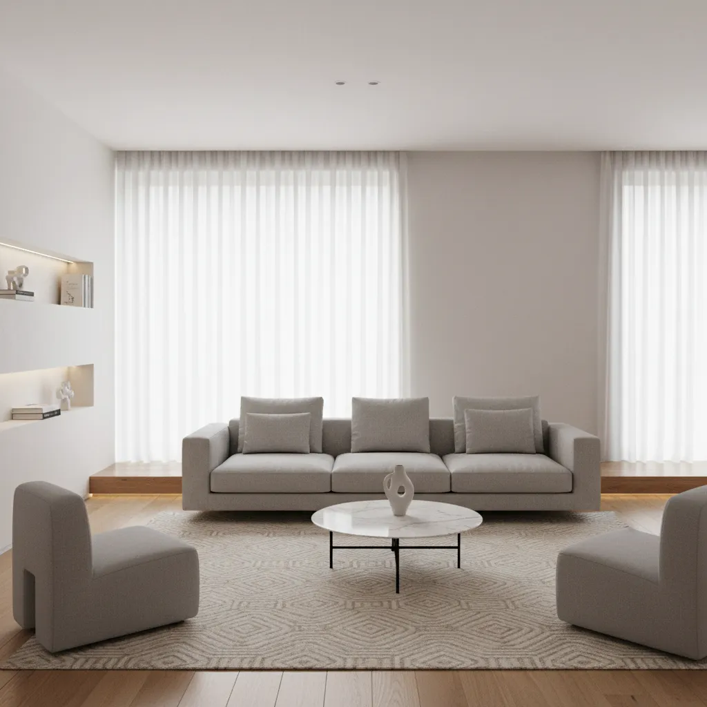 Living room with floating sofa creating walkway behind seating