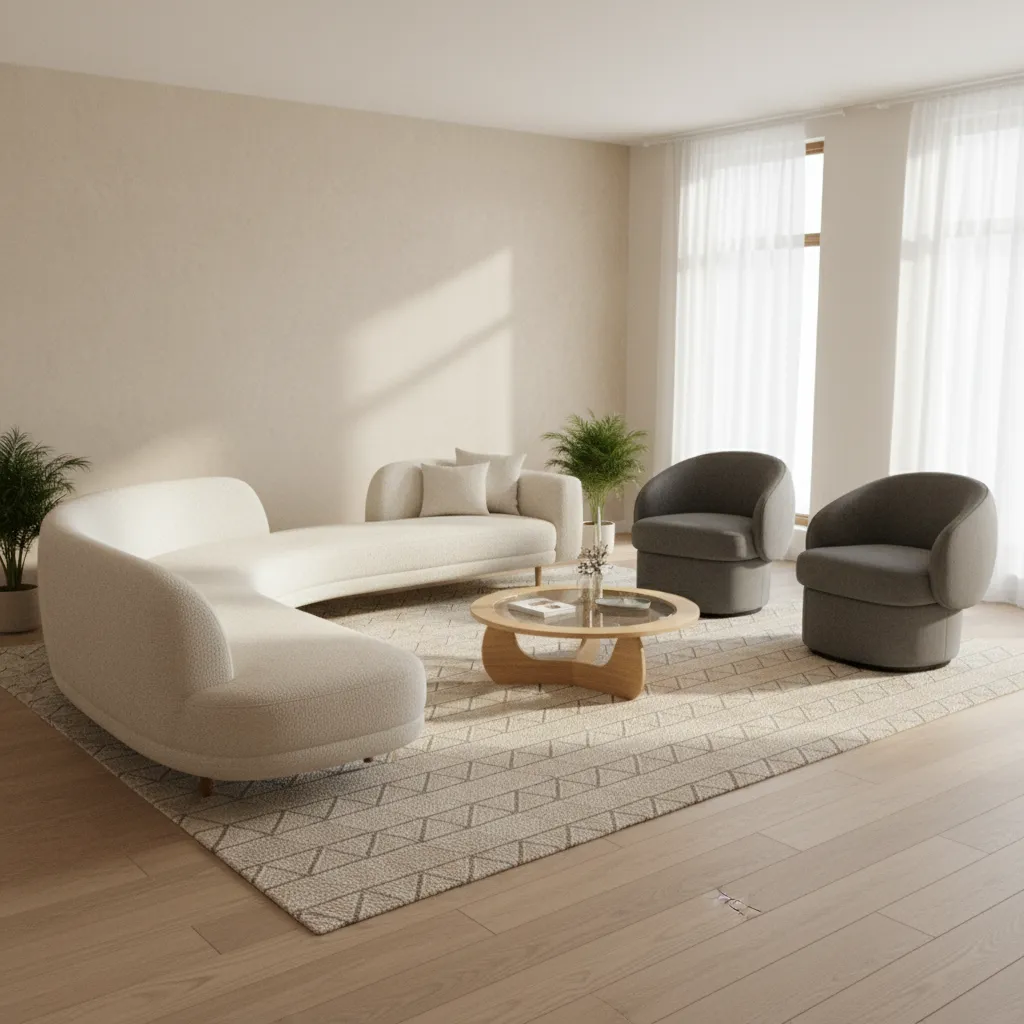 living room layout with floating sofa and balanced seating area